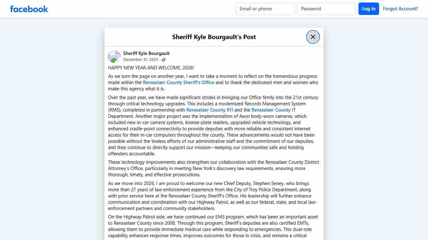 HAPPY NEW YEAR AND WELCOME, 2026!... - Sheriff Kyle Bourgault Facebook